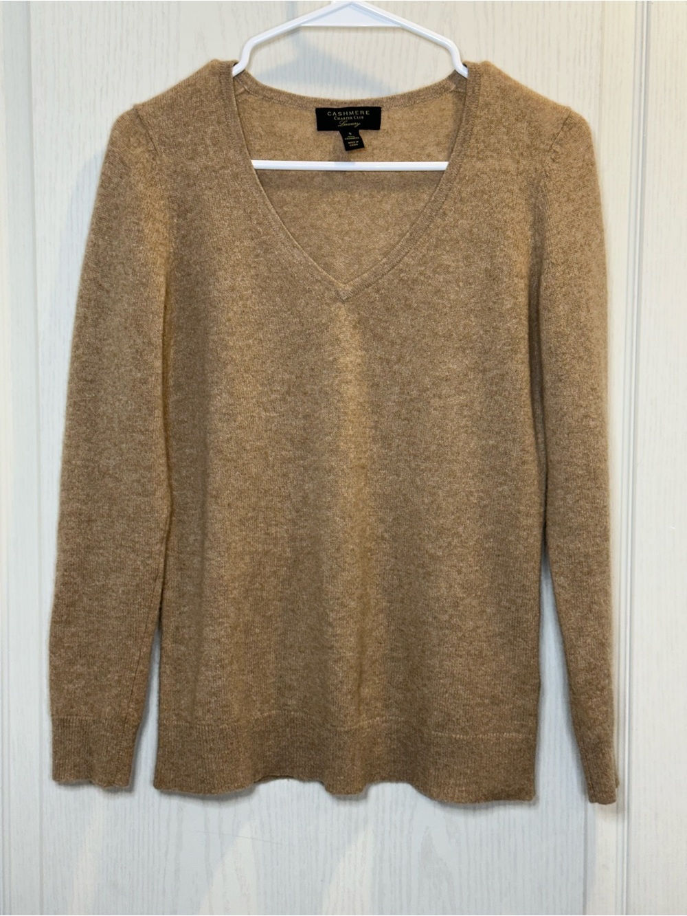 Charter Club Camel V-Neck Cashmere Sweater S neutral minimalist